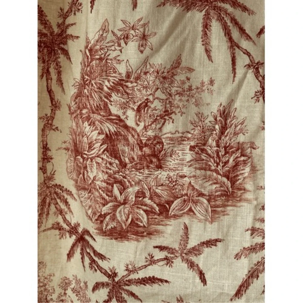 Vintage Red Toile Palm Tree Cotton Pinch Pleat Heavy Curtain Panels Pair 82 In